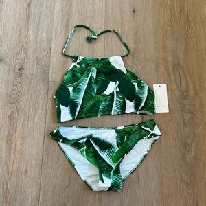 Tropical Green Leaf Print Kids Swim Set